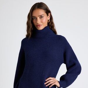 Lulus Casual Coziness Navy Waffle Knit Cowl Neck Sweater Dress Blue - Size L